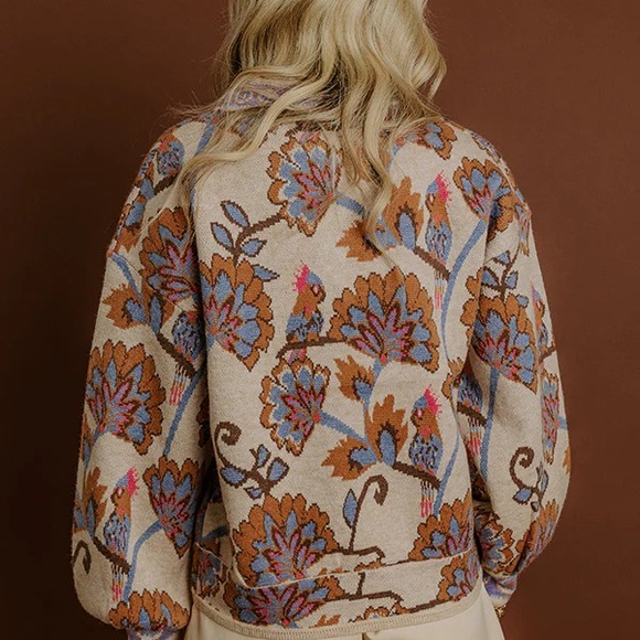 Fate Beige Floral Jacquard Button Cardigan with Blue & Brown Accents - Picture 4 of 5